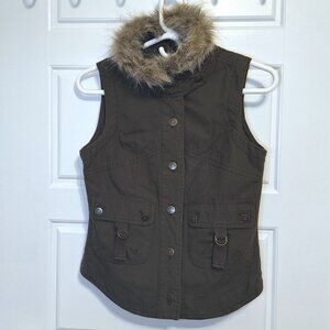 BB Dakota Khaki Quilted Cotton Vest with Detachable Faux Fur Collar Size Small